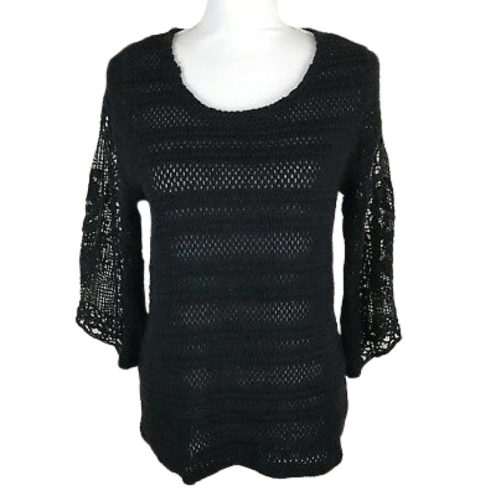Anthropologie Sparrow Open Knit Crochet Black Top